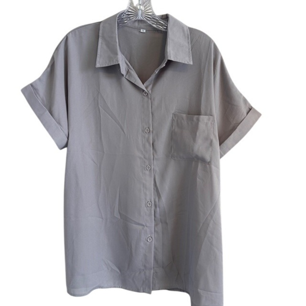 Gray Short Sleeve Button Up Collared Women's Blouse 2X Casual Office Career